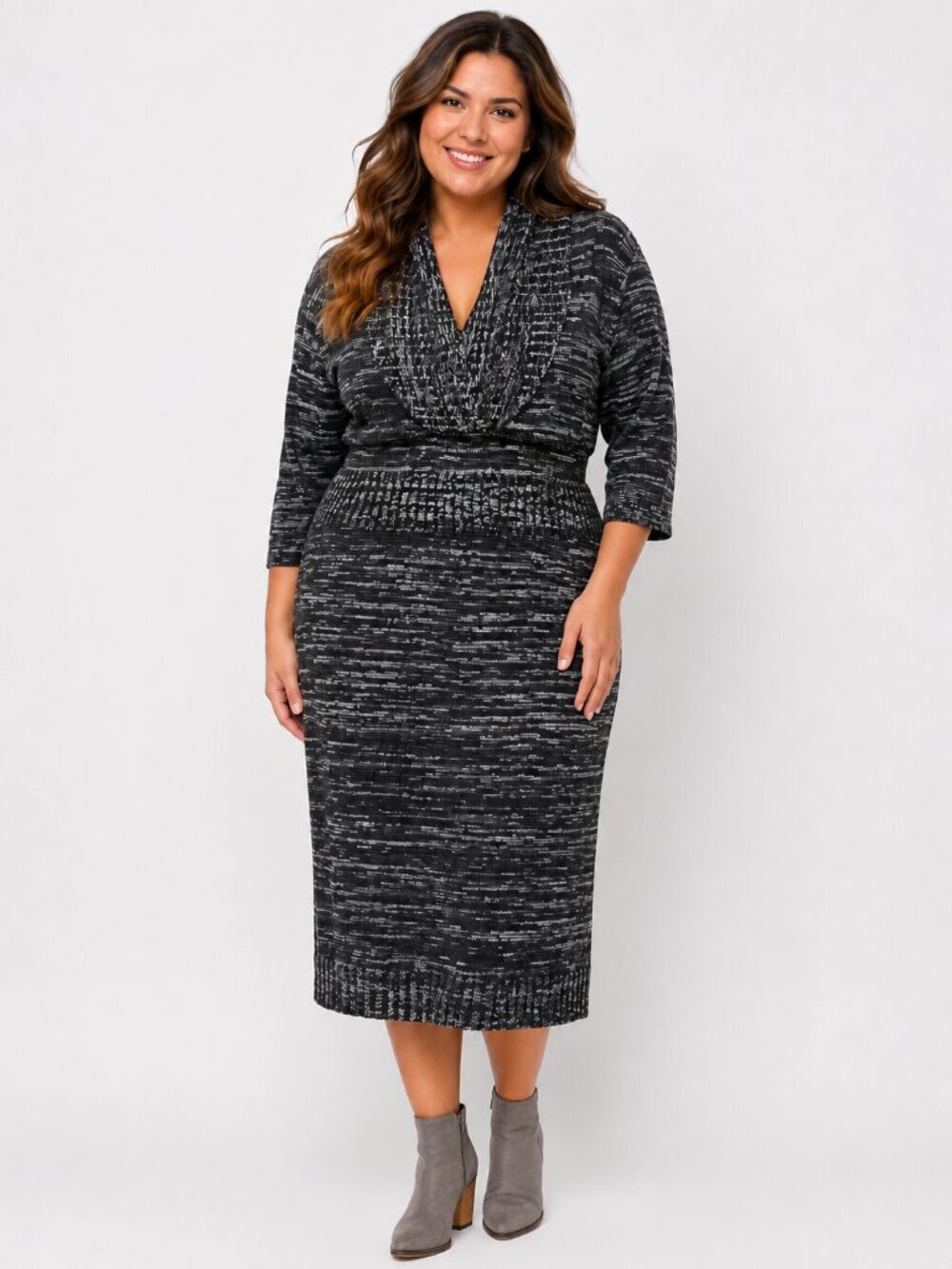 Avenue Sweater Midi-Dress, Black & Gray with Cowl Neckline, Size 14/16